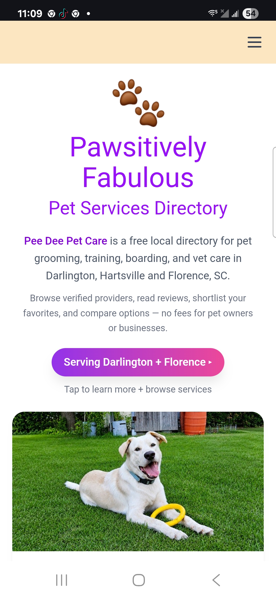Pee Dee Pet Care homepage on mobile