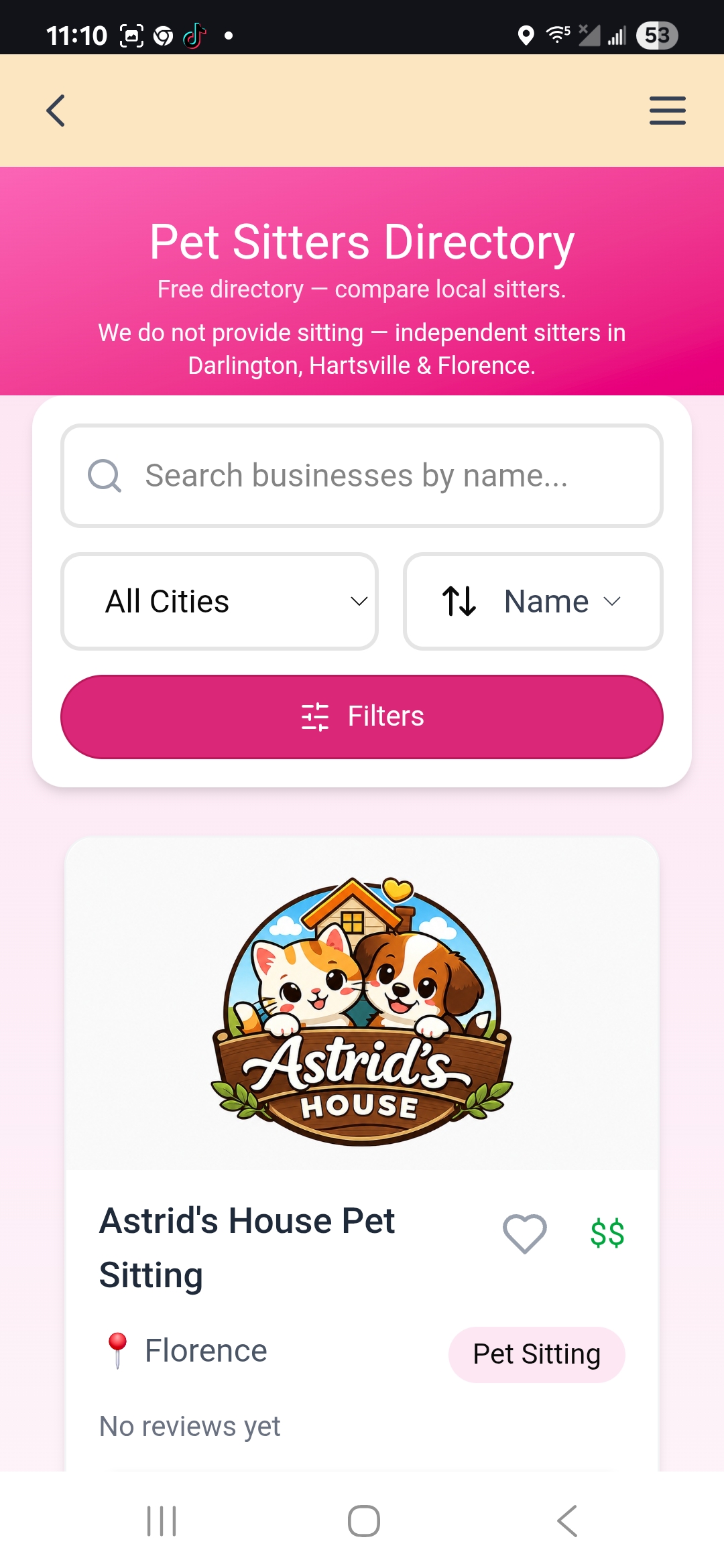 Pee Dee Pet Care provider listing on mobile