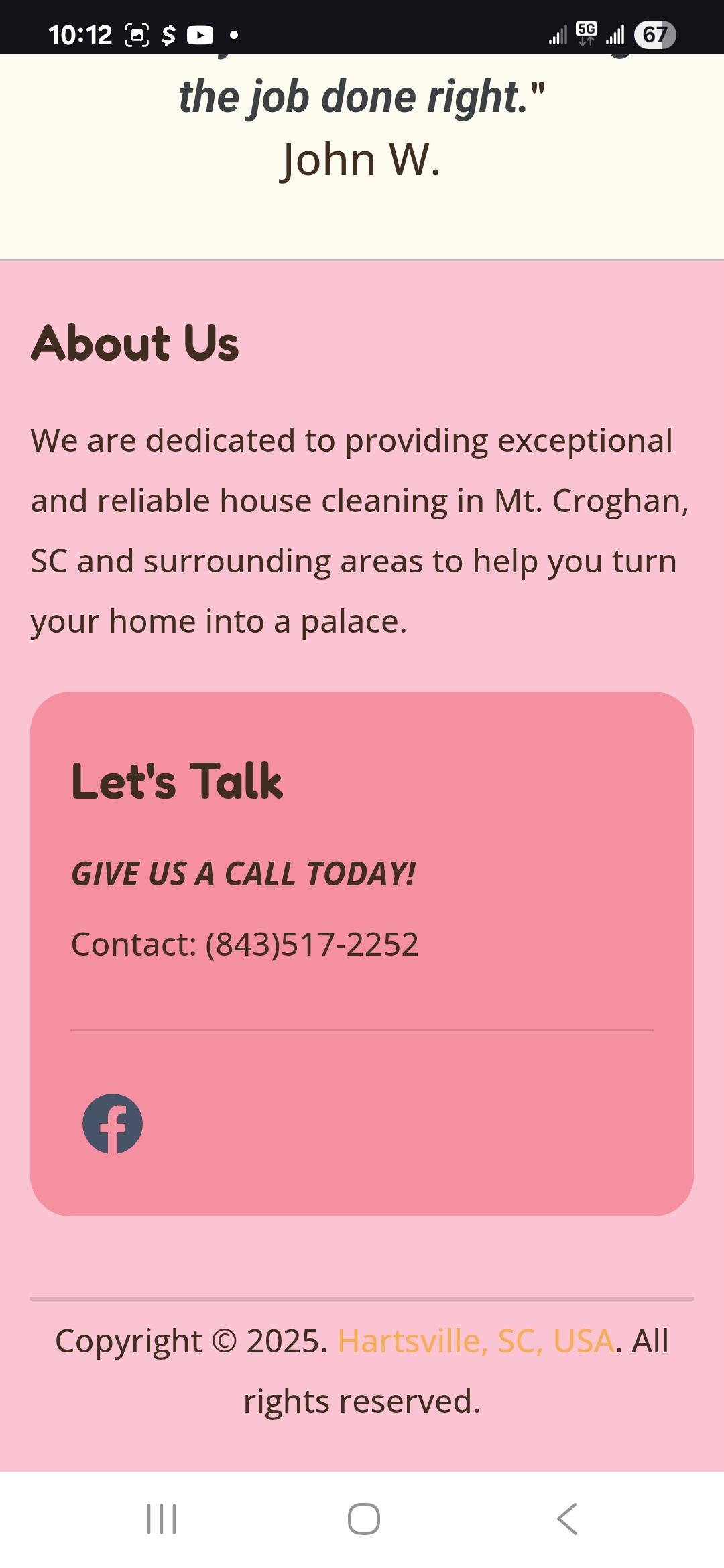 About Us section with contact information