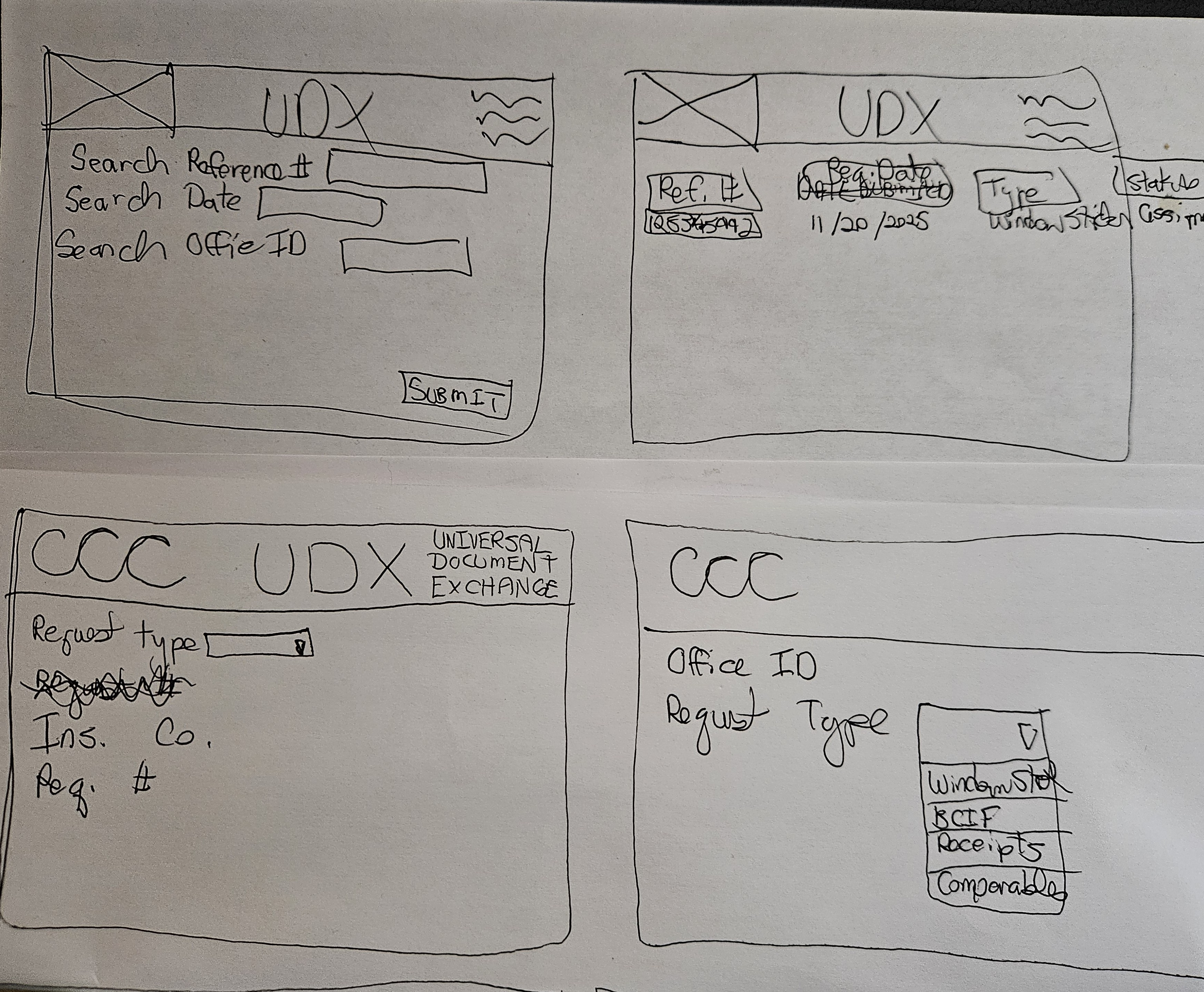 Hand-drawn wireframes - Search and Request screens