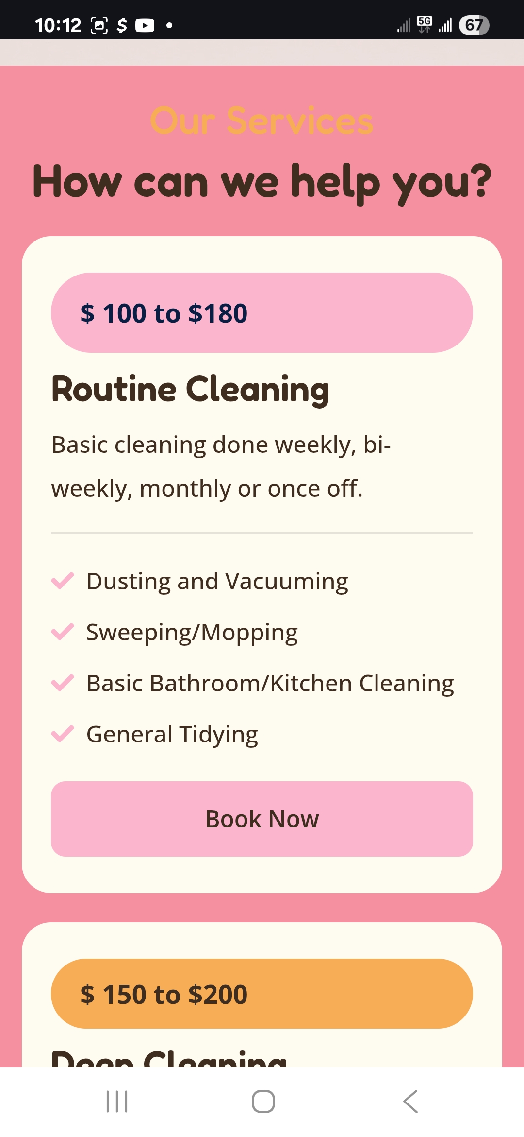 Services section with pricing information