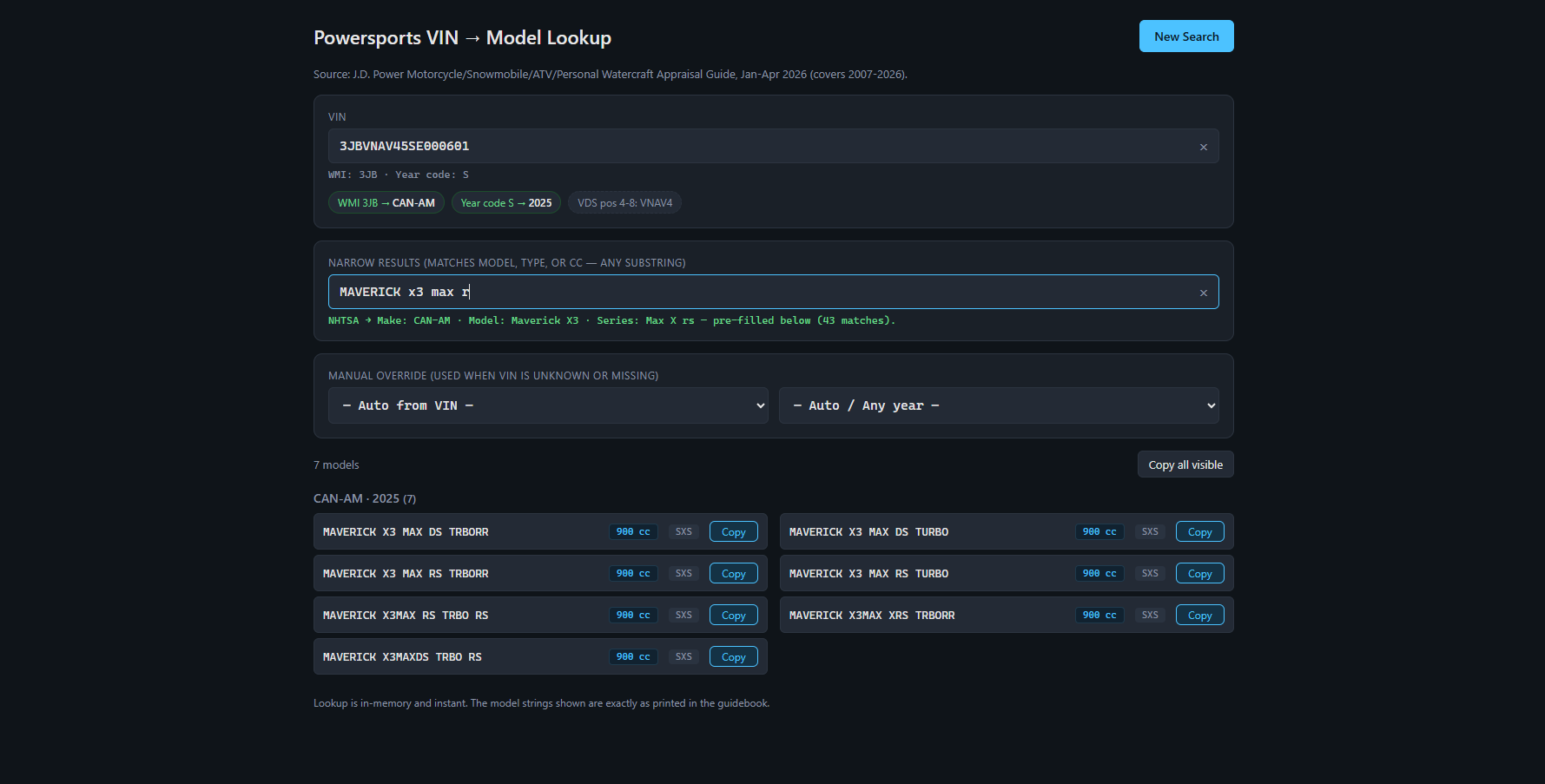 Decoded vehicle information screen