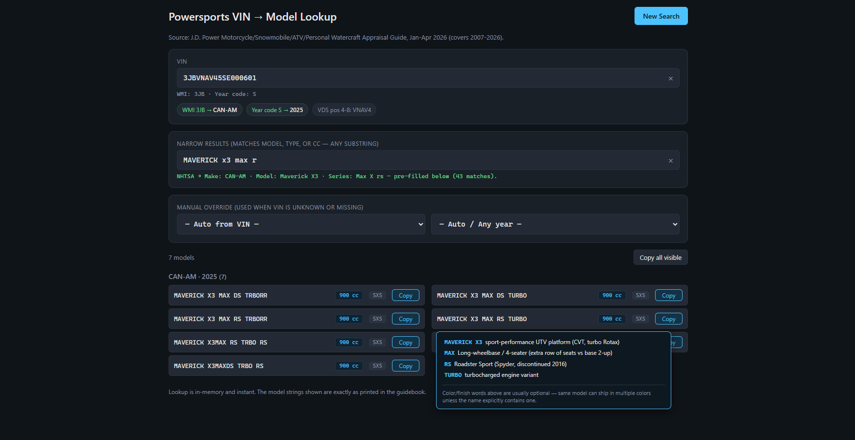 Candidate model results screen