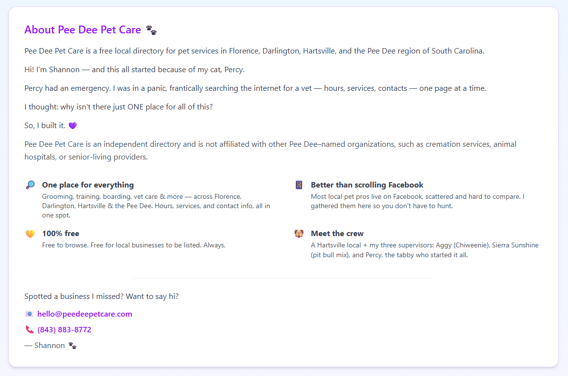 About Pee Dee Pet Care page