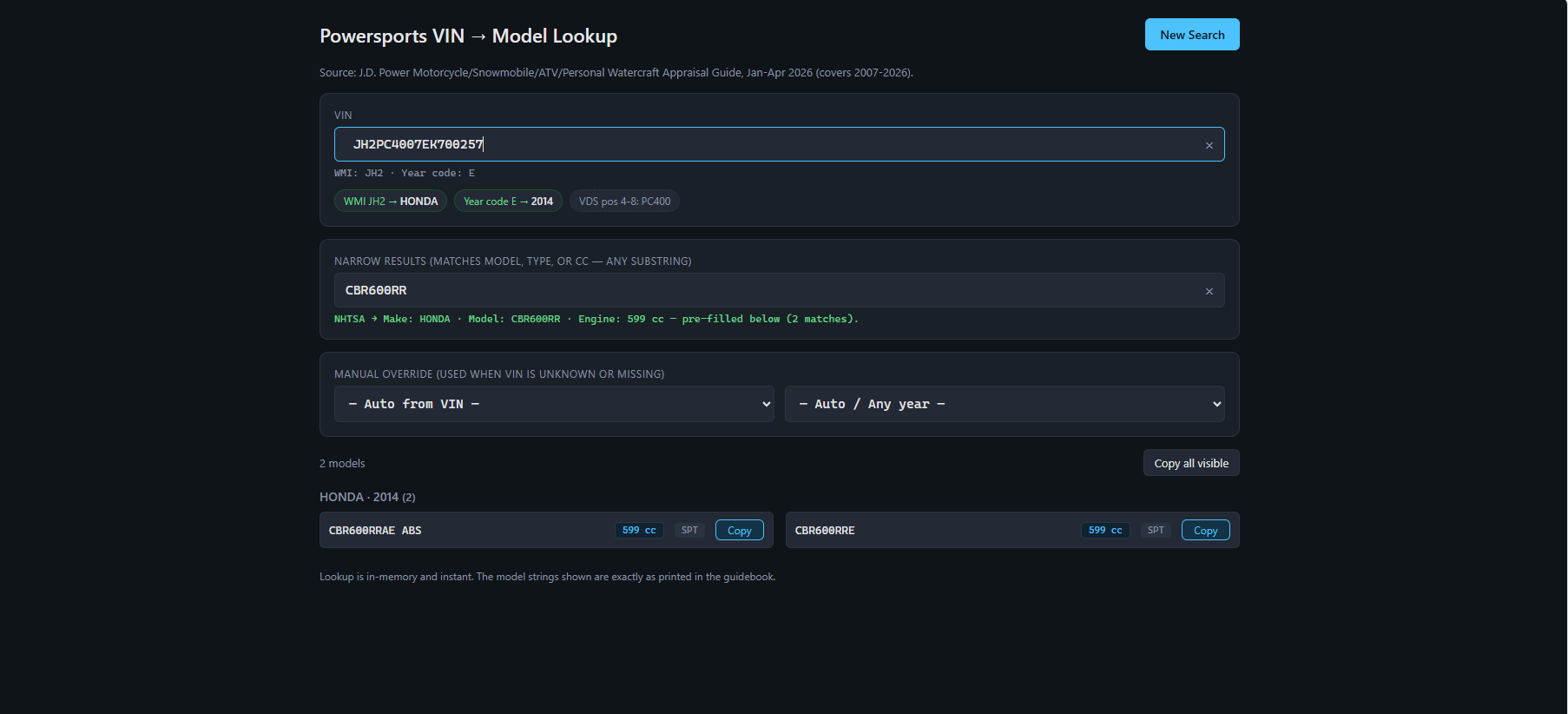Powersports VIN Model Lookup — live product screenshot