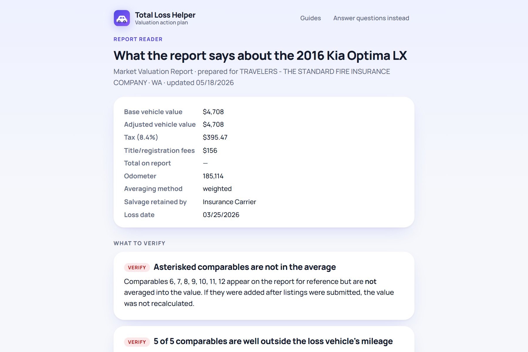 Report reader with a parsed valuation report